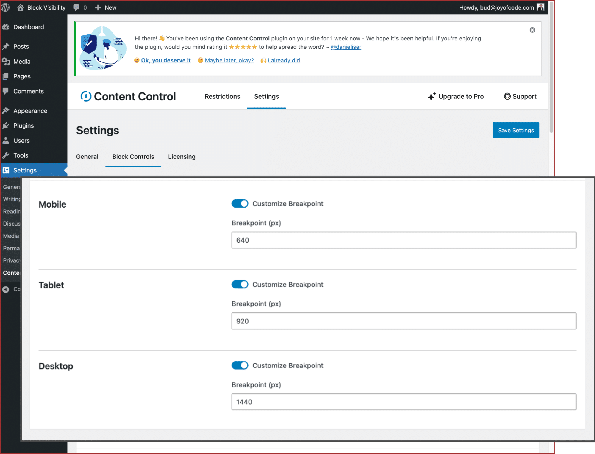 Impostazioni dei blocchi con i breakpoint