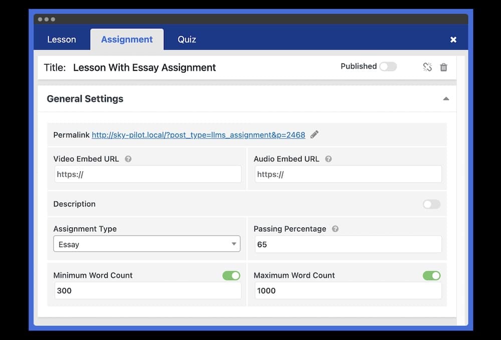 Una schermata della finestra di dialogo per la modifica dei dettagli degli incarichi all'interno del plugin LifterLMS WordPress per la formazione.