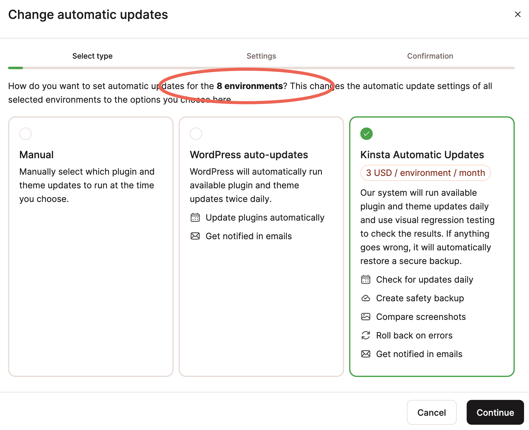 Schermata che mostra la finestra di dialogo Modifica aggiornamenti automatici su più ambienti WordPress.