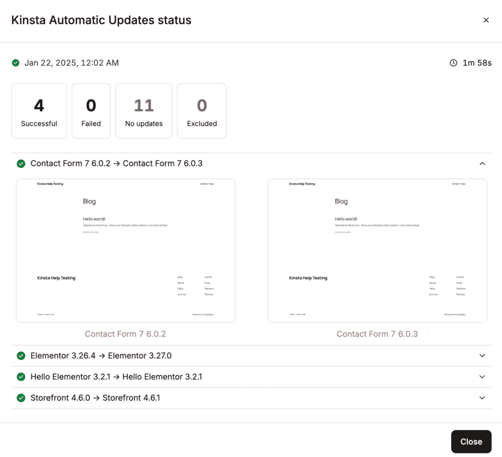 Relatório de uma atualização de plugin, incluindo as capturas de tela usadas nos testes de regressão visual.