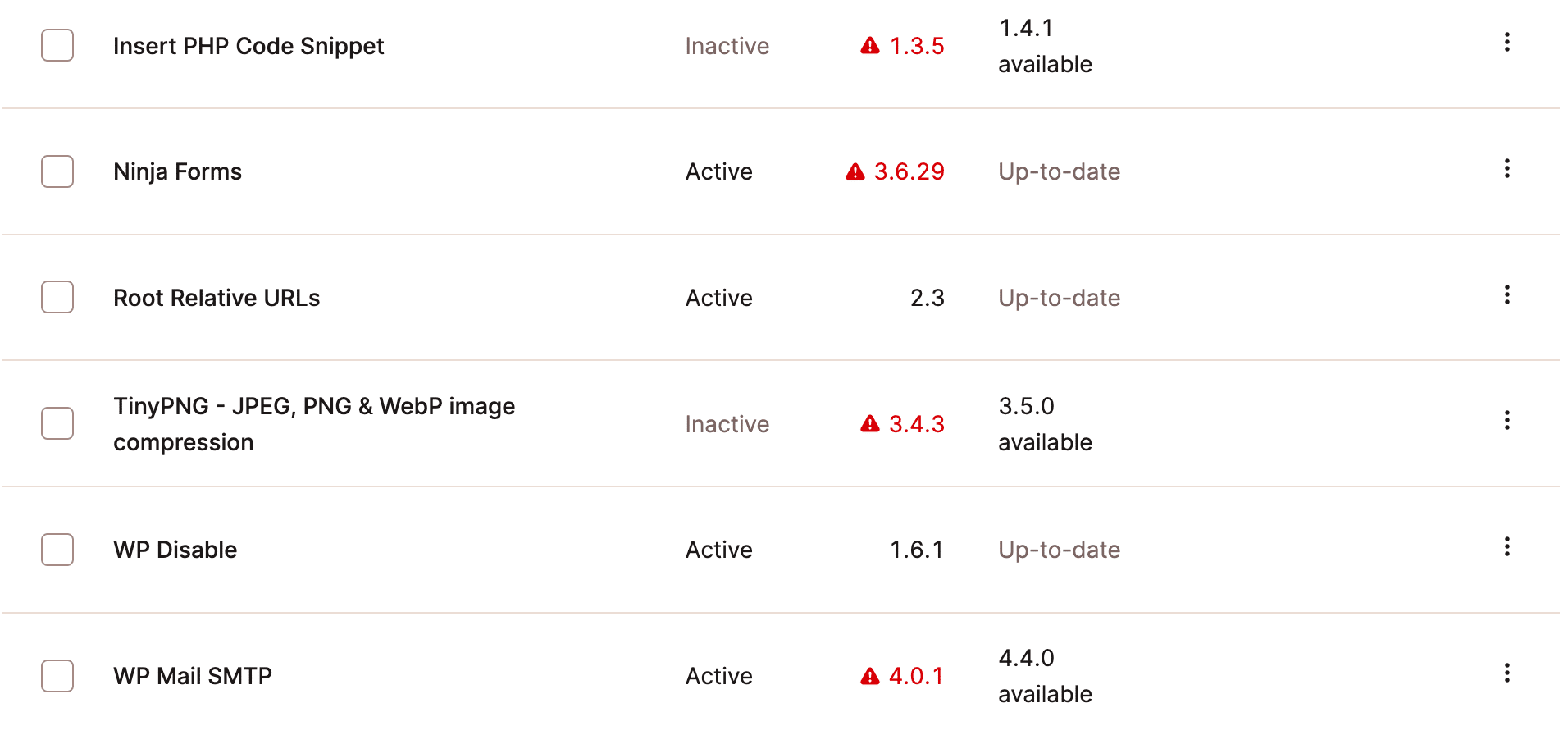 Una schermata che mostra i plugin del sito in MyKinsta, con le istanze vulnerabili evidenziate in rosso.