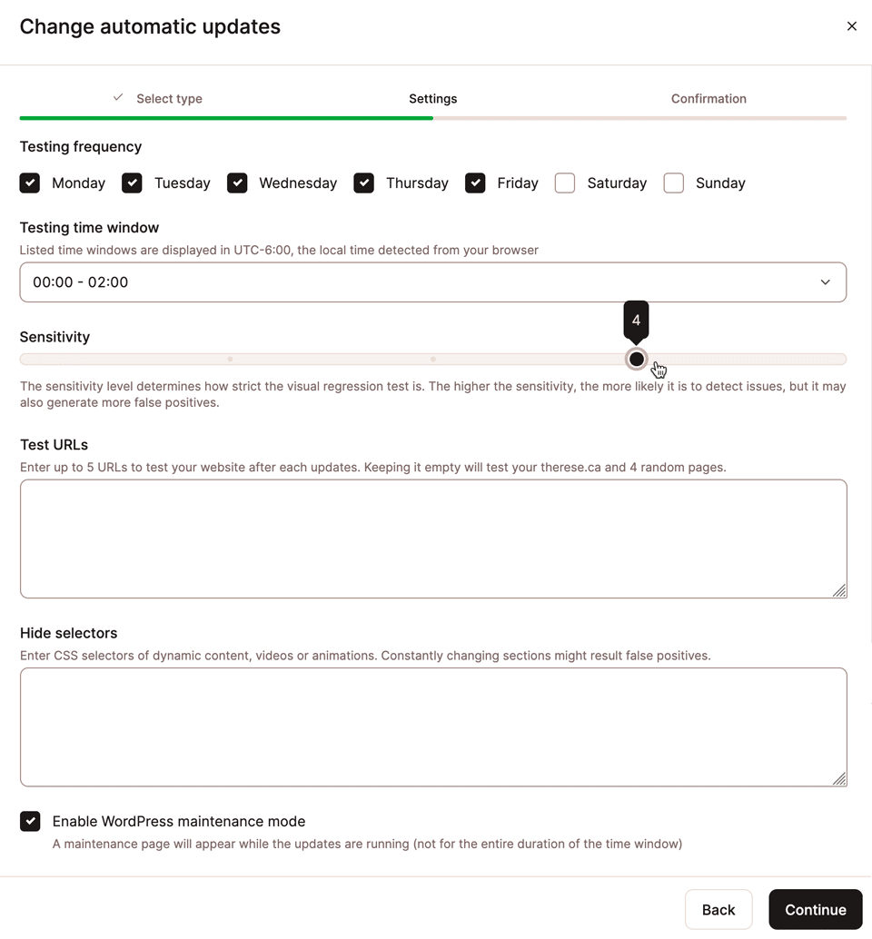Captura de tela mostrando a janela de configurações das Atualizações Automáticas da Kinsta.