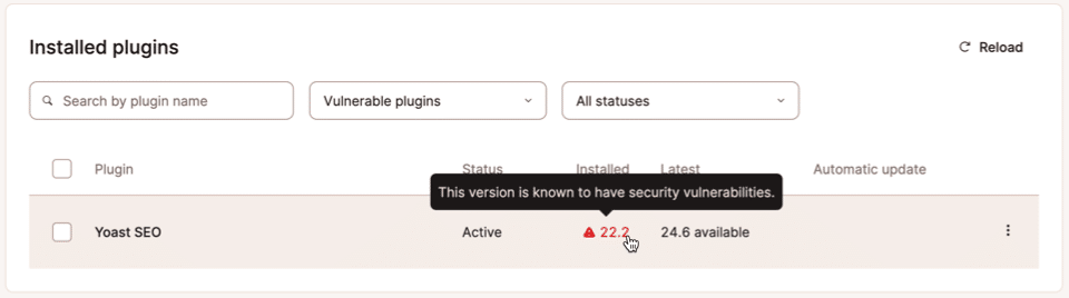 Captura de tela mostrando plugins com atualizações disponíveis, listados no MyKinsta.