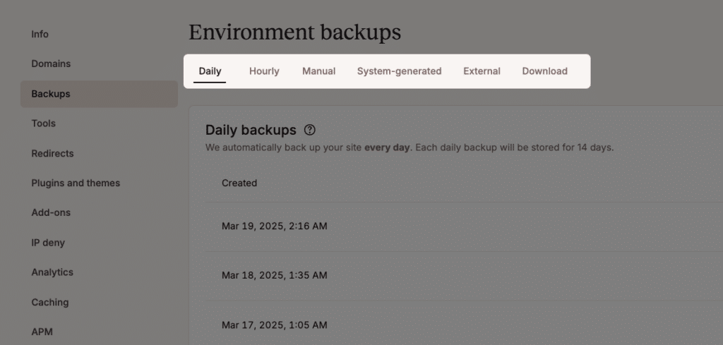 A list of backups from Kinsta's automatic backup tool.