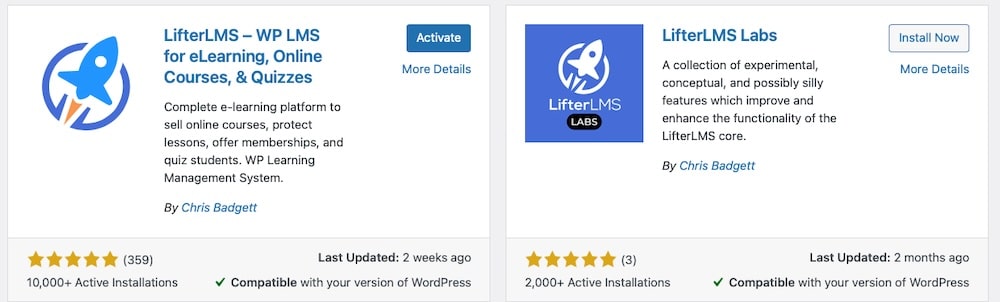 Una schermata del repository dei plugin di WordPress che mostra le offerte di LifterLMS.