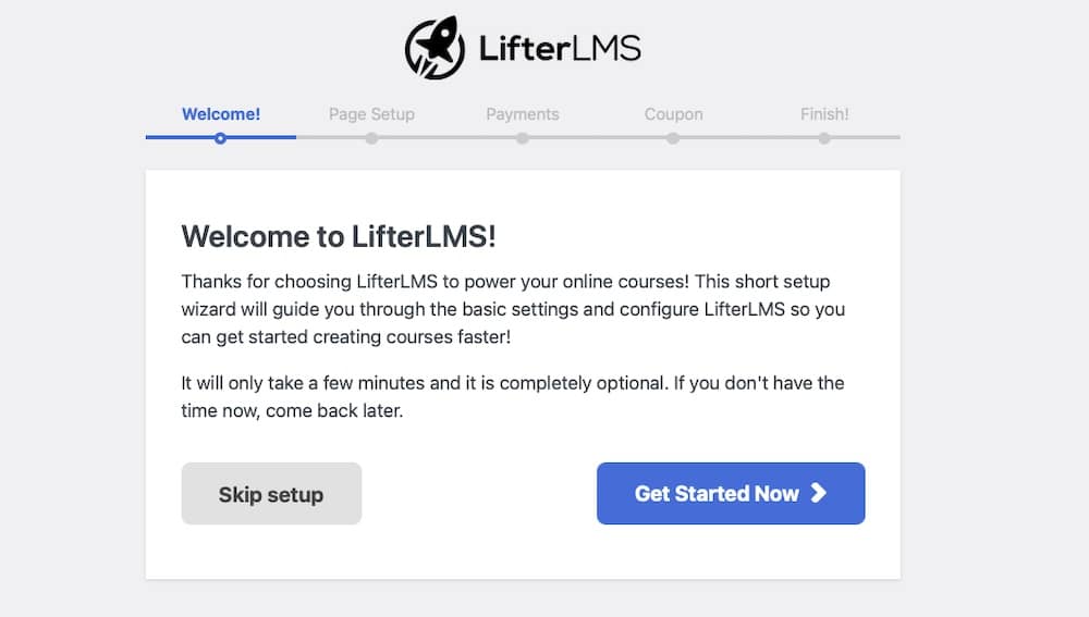 Una schermata della procedura di configurazione guidata del plugin WordPress LifterLMS per l'istruzione.