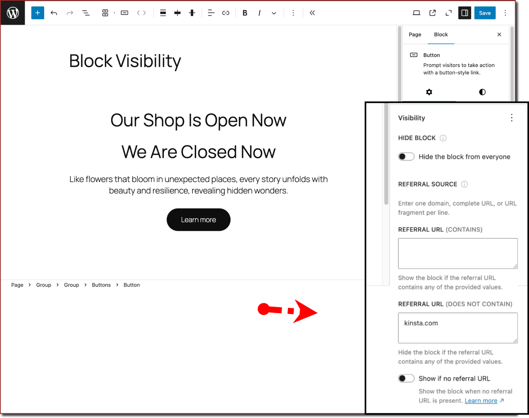 Il pulsante è nascosto nel front-end perché l'URL di referral contiene