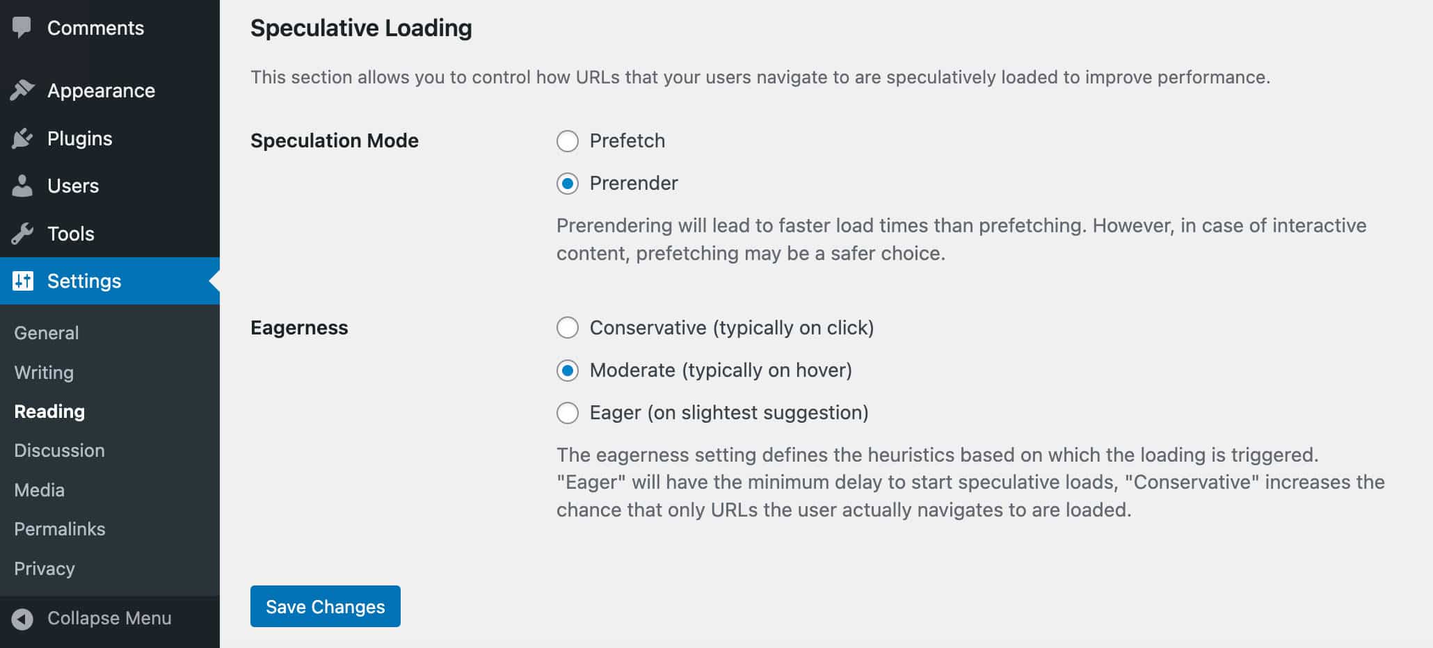 Standardeinstellungen des Plugins „Speculative Loading“
