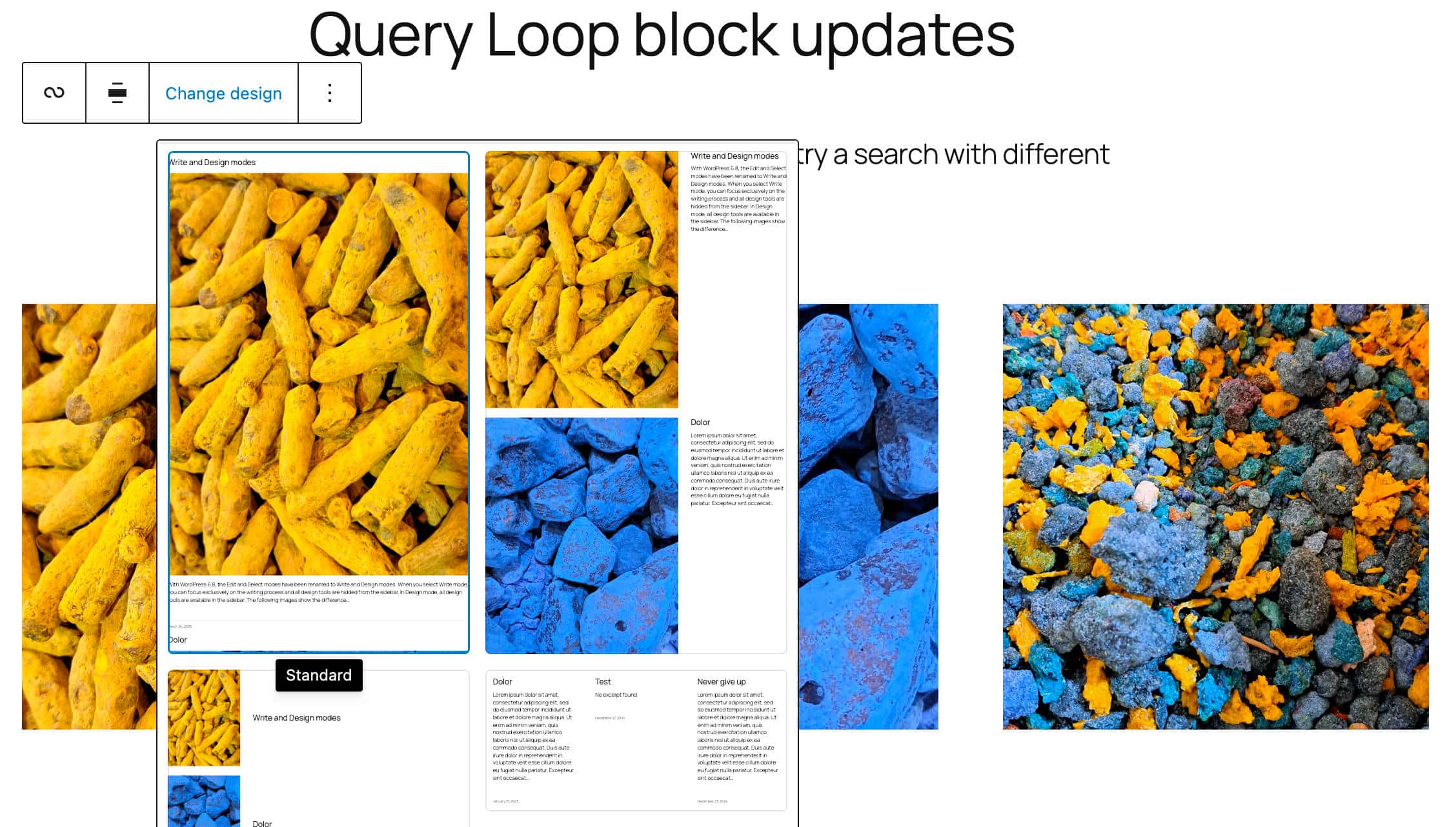 Ein Screenshot, der ein neues Dropdown-Menü „Design ändern“ für Query Loop zeigt
