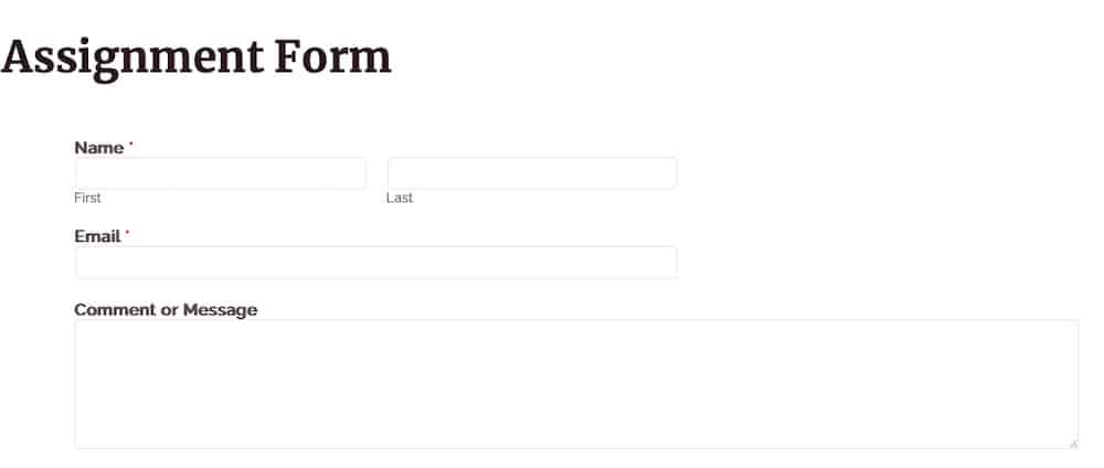 Una schermata di un modulo online creato con il plugin WPForms e inserito in una pagina di WordPress.