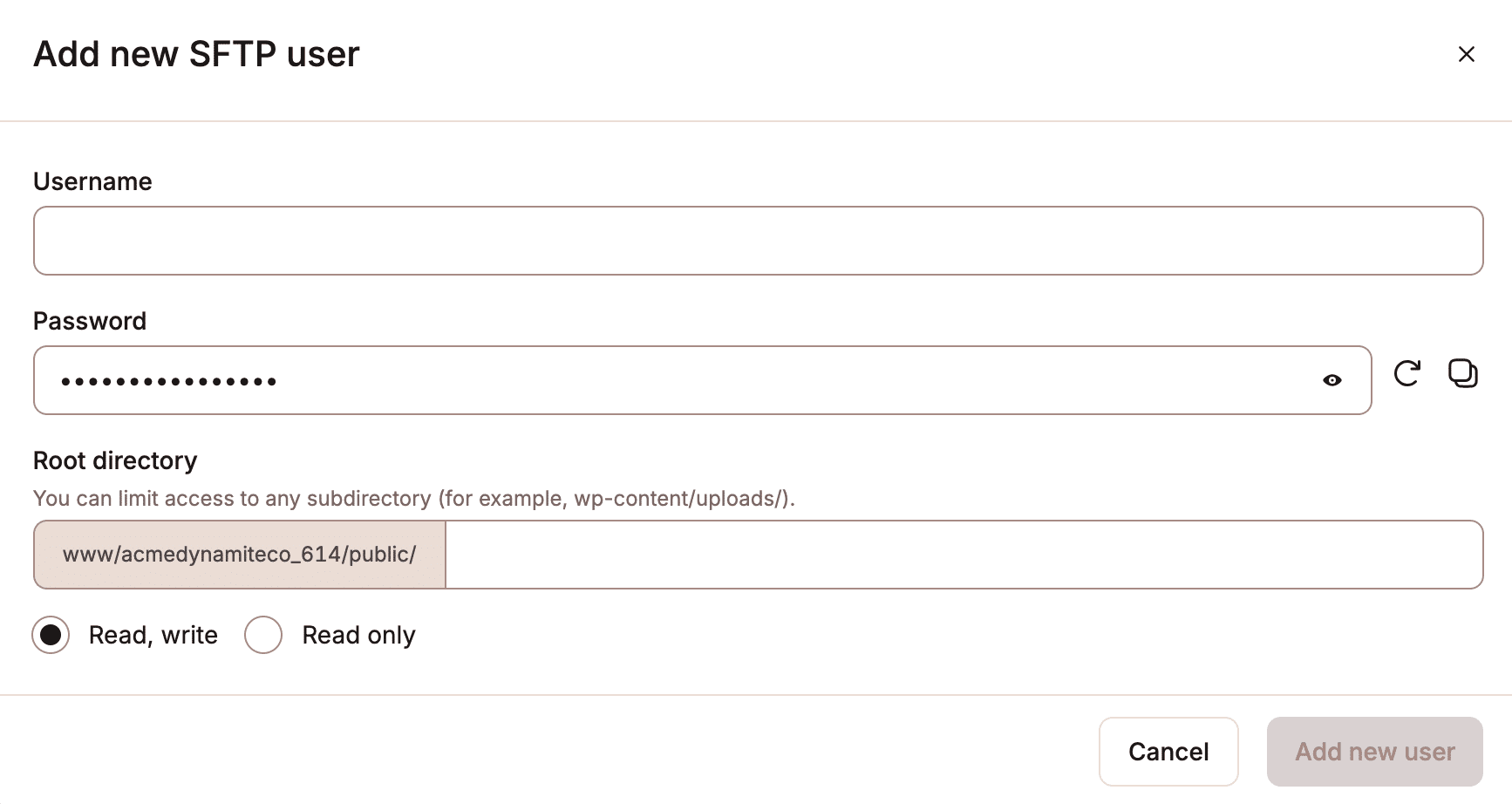 De vragen om inloggegevens in MyKinsta als je extra SFTP gebruikers toevoegt.