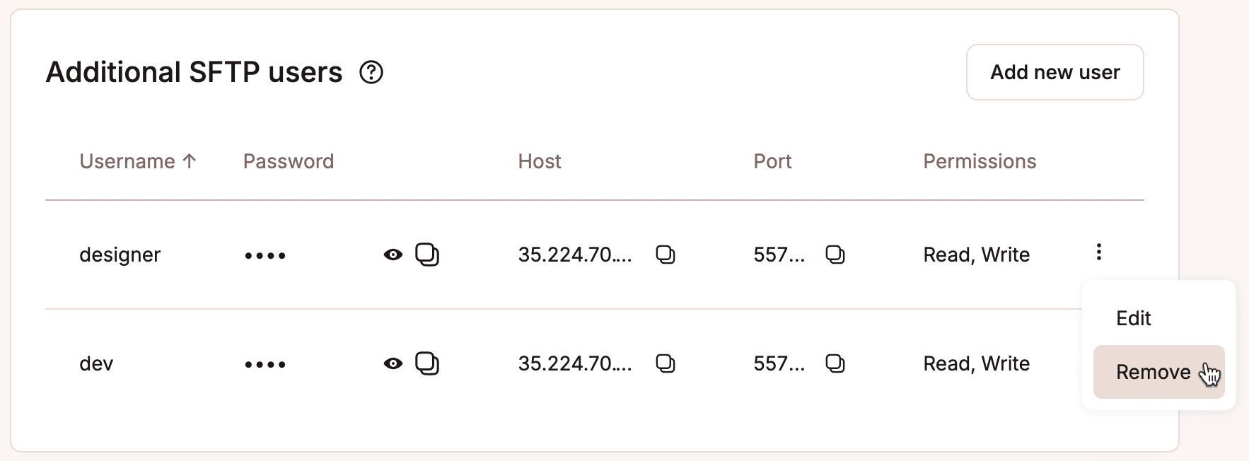 Een screenshot met het dropdownmenu voor het bewerken of verwijderen van een SFTP-gebruiker in MyKinsta.