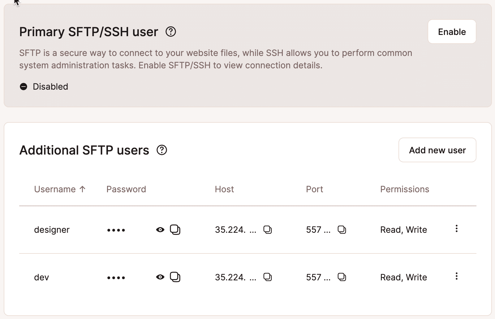Een screenshot dat laat zien dat het standaard SFTP/SSH-account voor een WordPress omgeving is uitgeschakeld, terwijl extra toegang tot SFTP accounts is ingeschakeld.