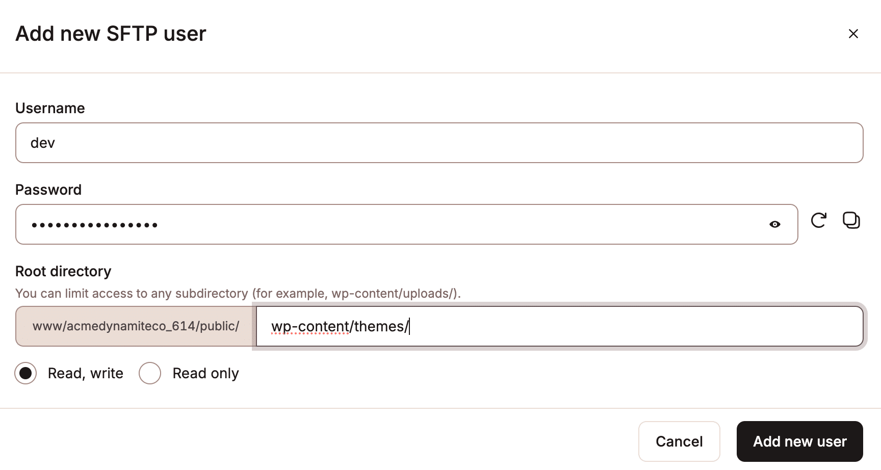 Het opgeven van een alternatieve hoofdmap bij het toevoegen van een SFTP-gebruiker binnen het MyKinsta dashboard.