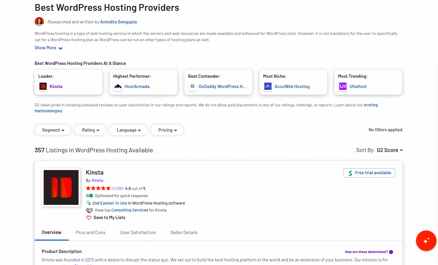 Rapport de G2 sur les fournisseurs d'hébergement WordPress