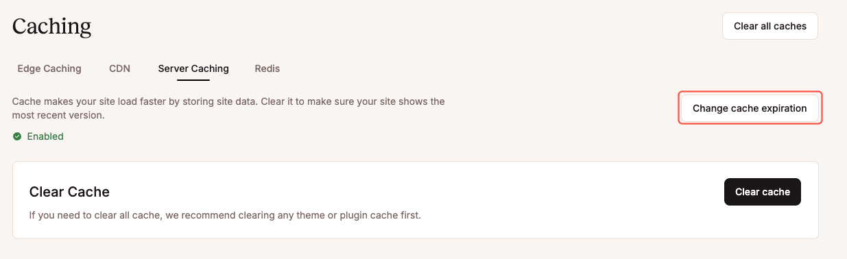 Option „Cache-Ablauf ändern“ in MyKinsta