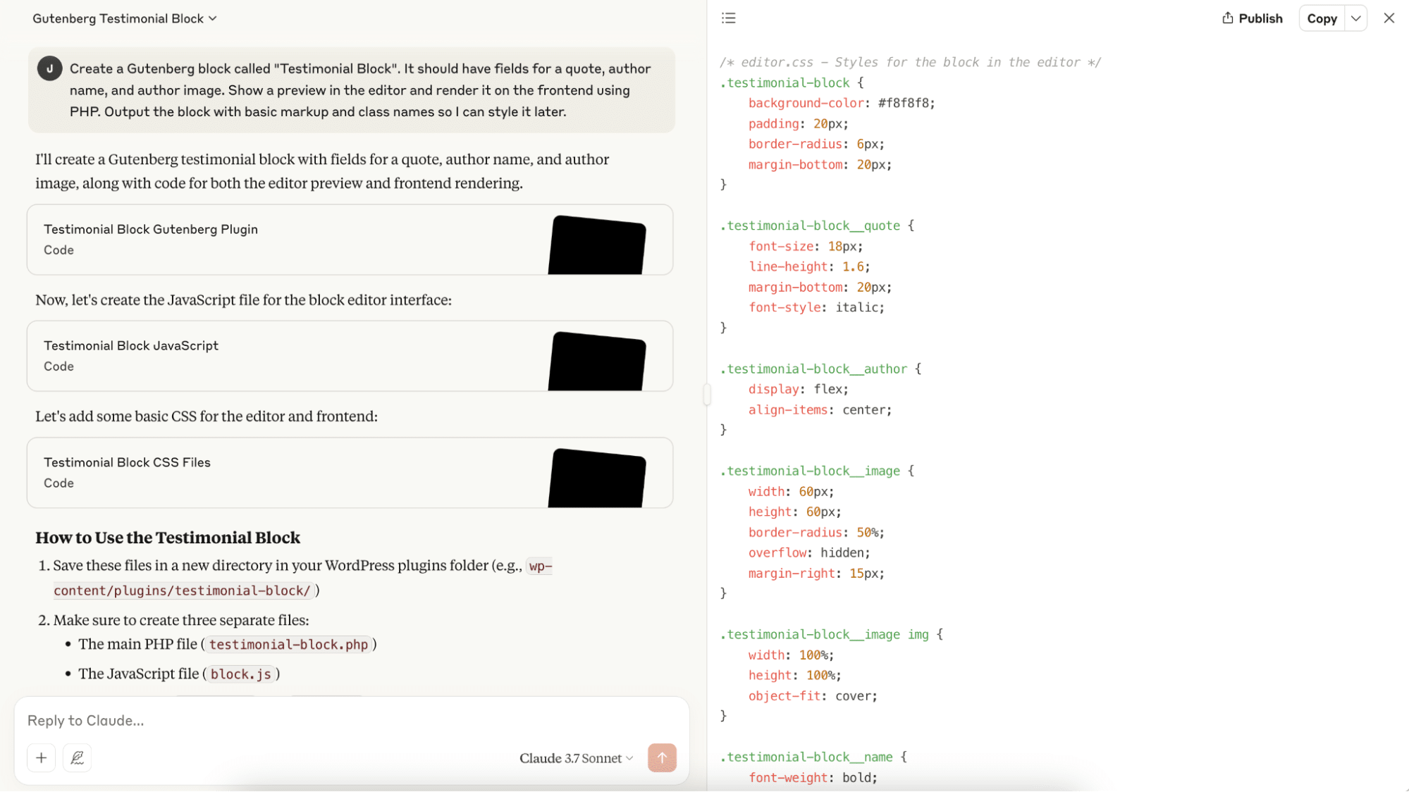 Claude interface showing separation between code and file sections.