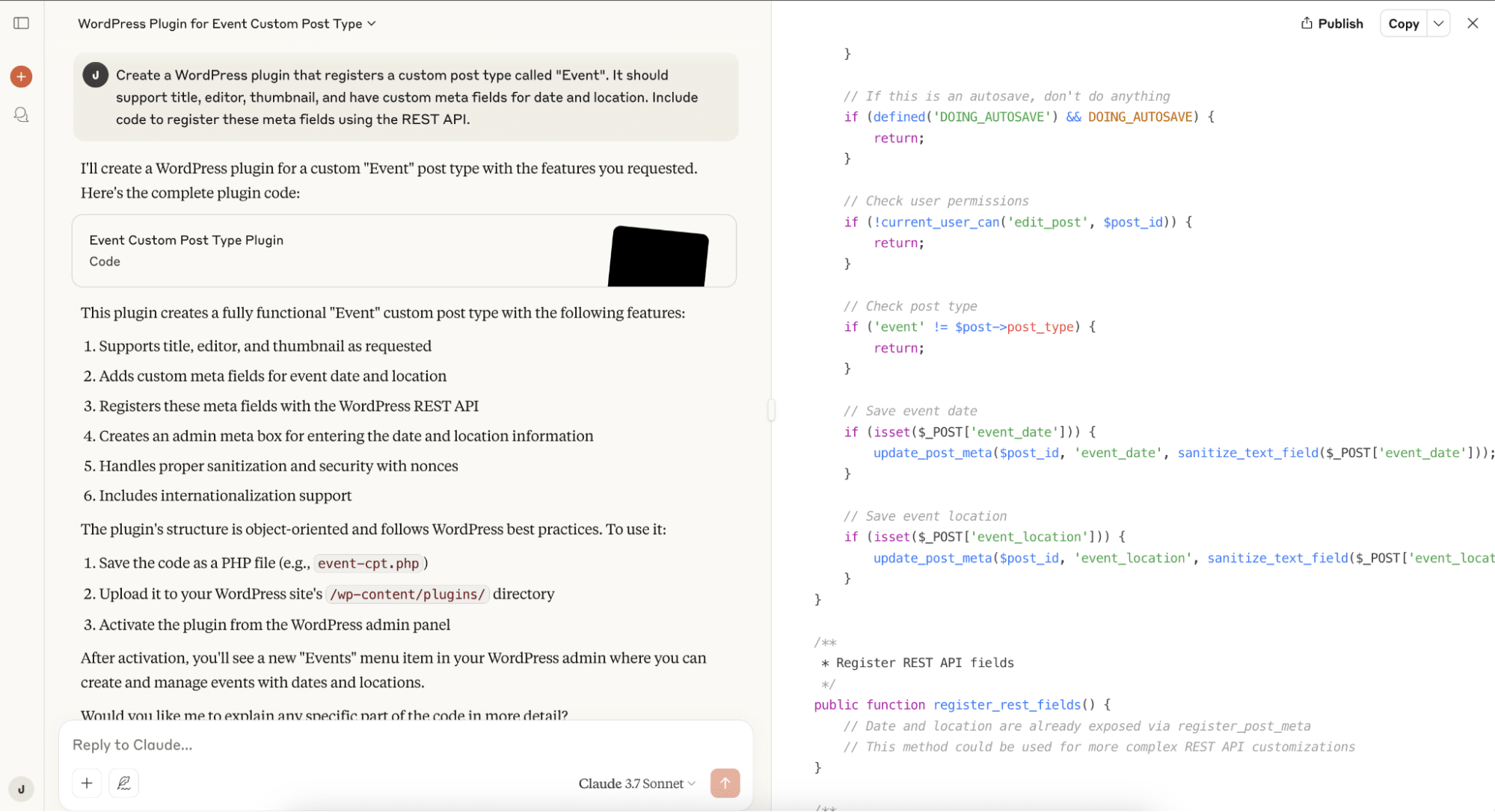 Example output generated by Claude in a conversational interface.