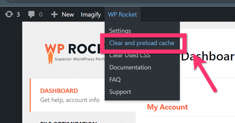 WP Rocket-Menü zum Löschen des WordPress-Caches