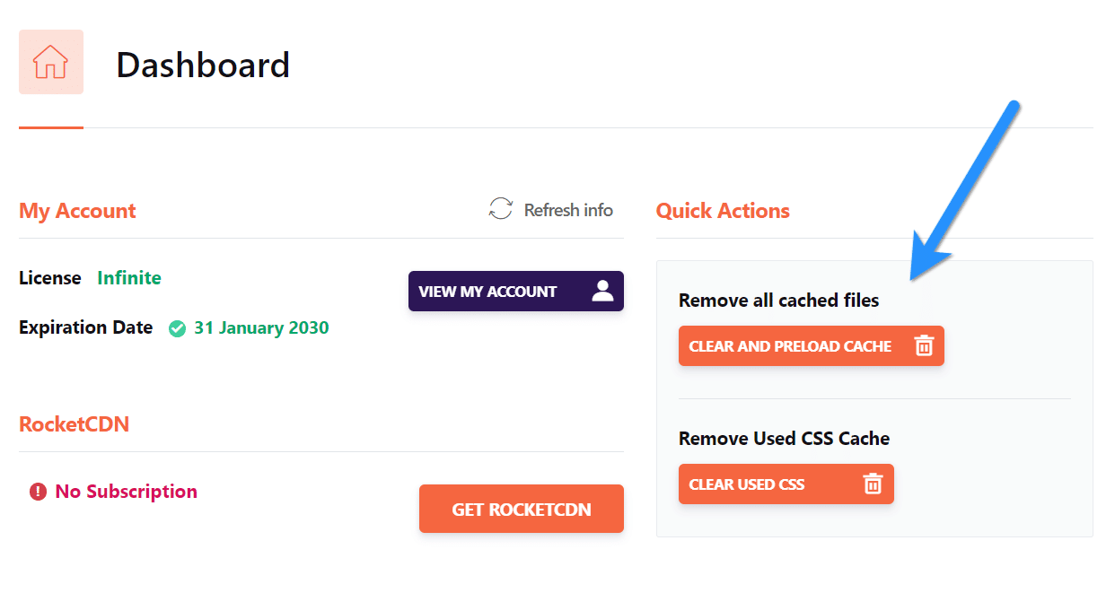 WordPress-Cache im WP Rocket Dashboard löschen