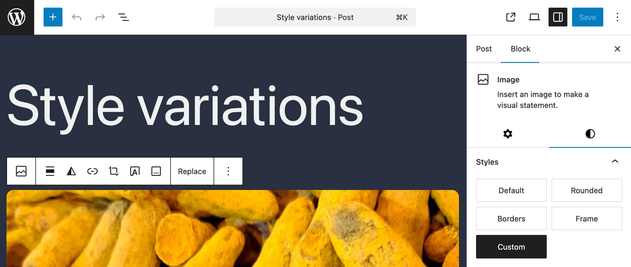 Una variación de estilo personalizada para un bloque Imagen en el editor de entradas