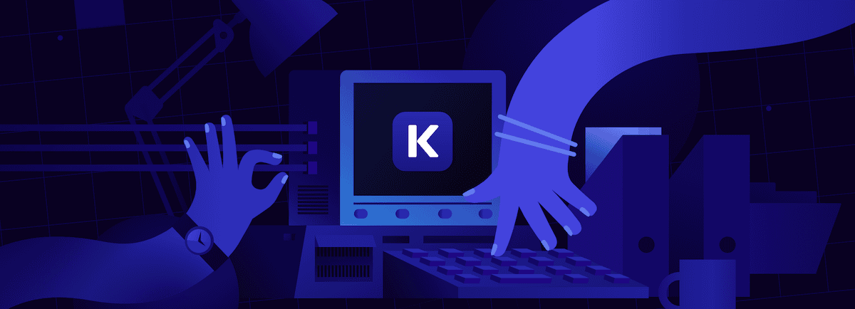 A stylized digital illustration in blue tones depicting hands using a computer. One hand is typing on a keyboard while another is pointing at a computer monitor that displays a white letter 
