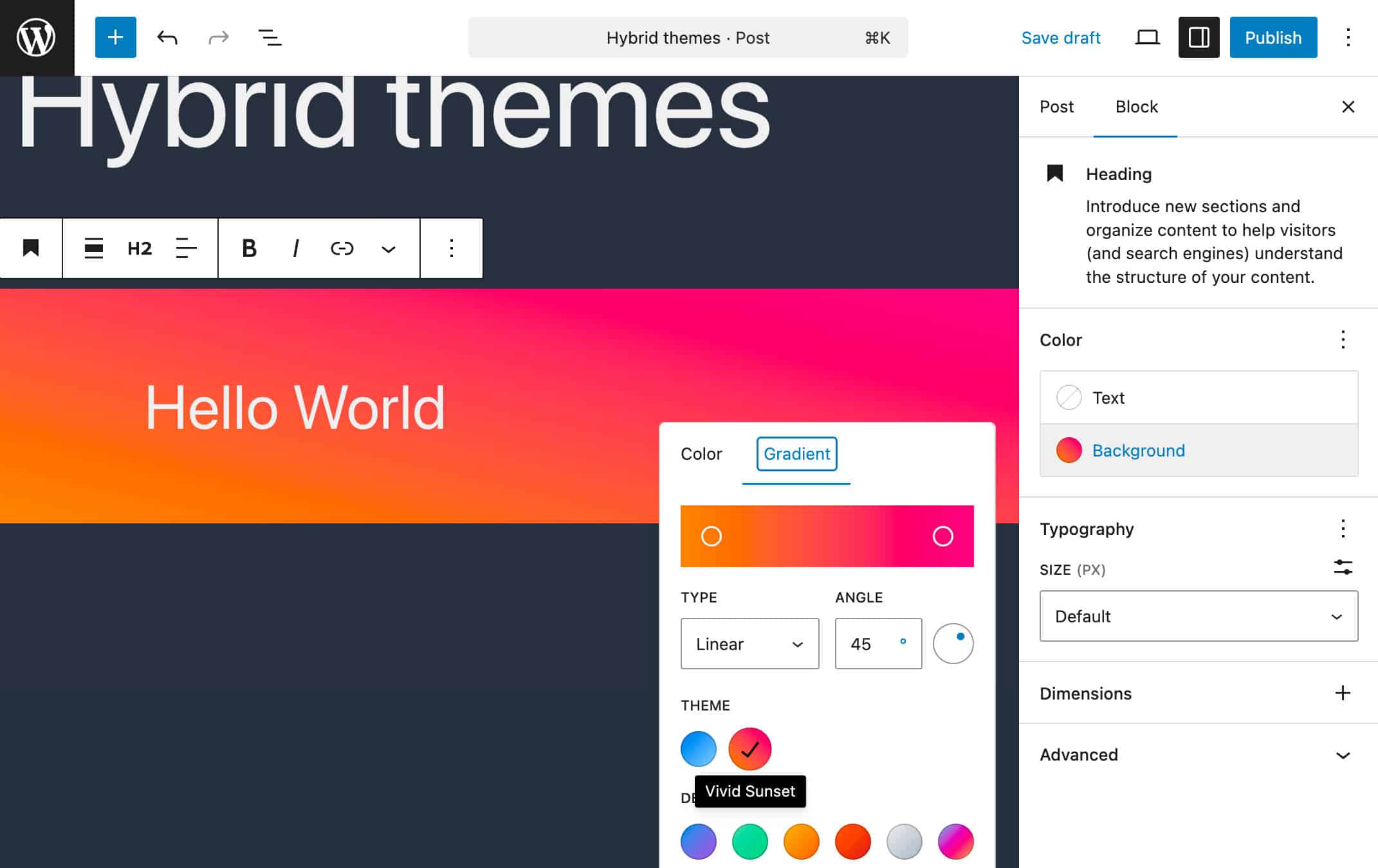 Añadimos dos degradados a Estilos Globales en Twenty Twenty-One a través de theme.json