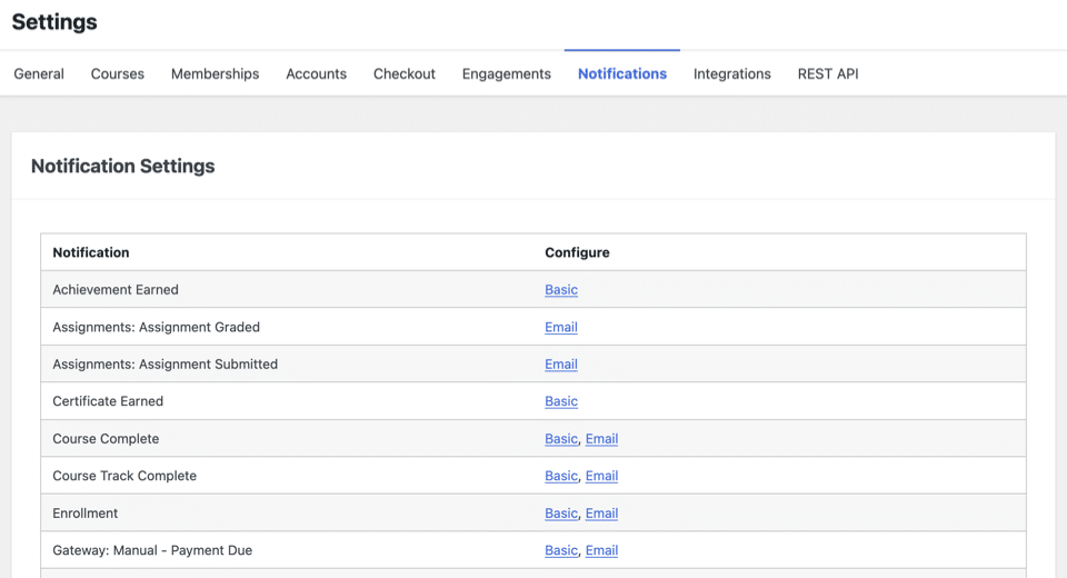 Una schermata dell'interfaccia per la configurazione delle notifiche all'interno del plugin WordPress LifterLMS for education.