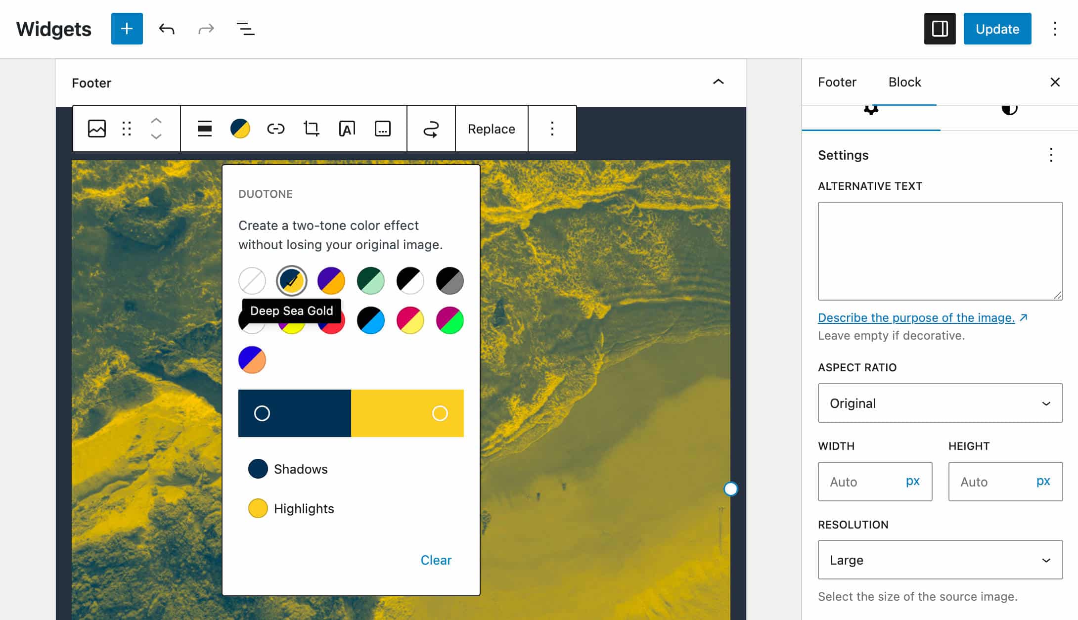 Captura de pantalla del editor de widgets con el tema Twenty Twenty-One.