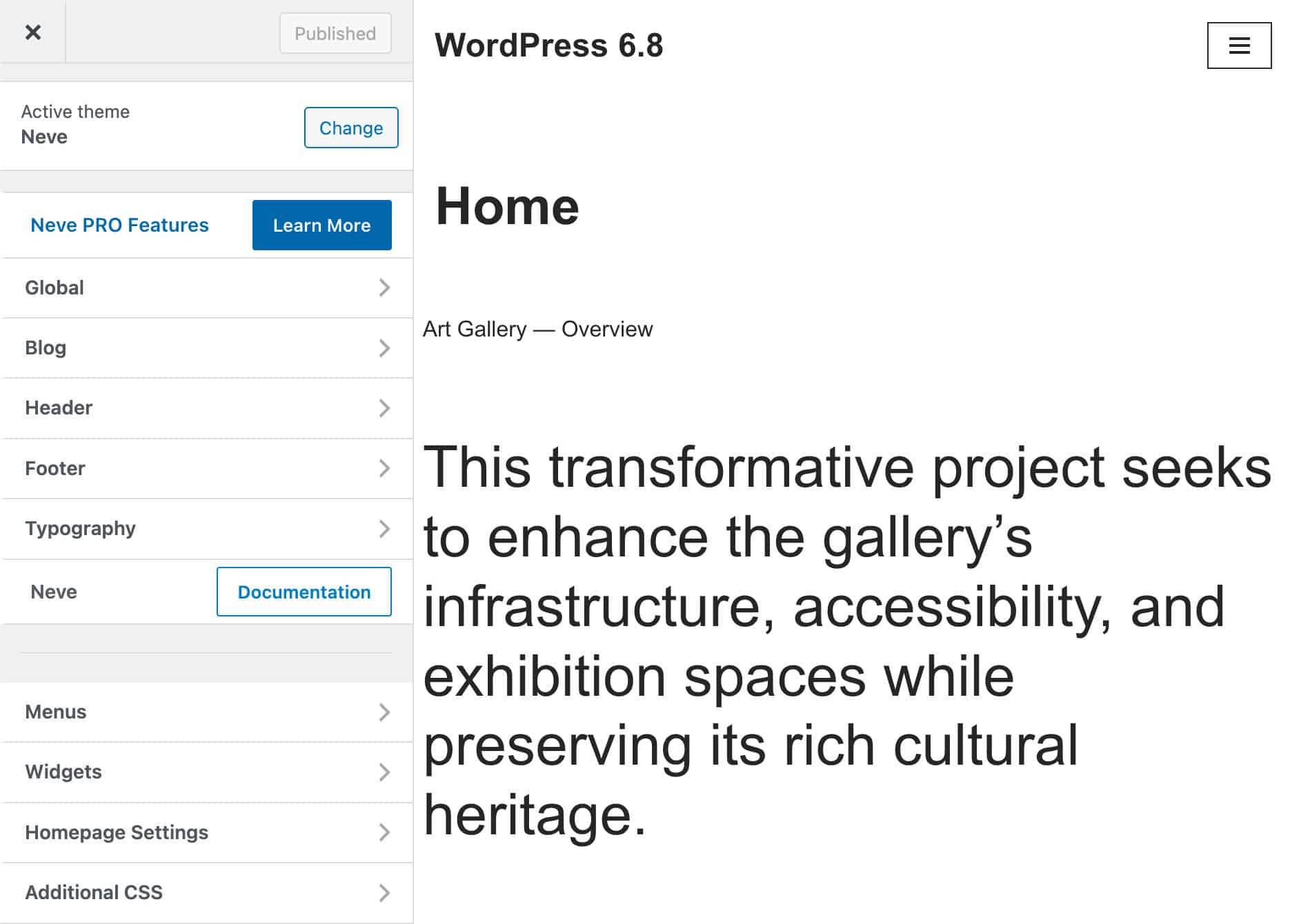 Una vista previa del Personalizador del tema Neve de WordPress