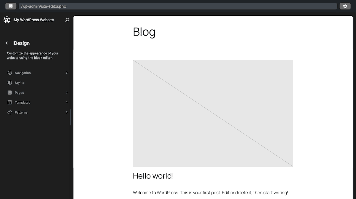The WordPress Site Editor interface in Playground showing the Design section