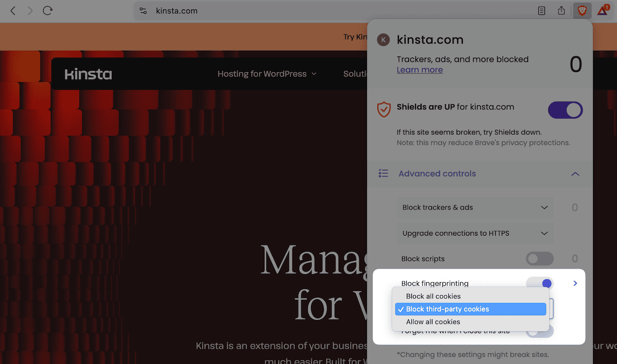 De startpagina van de Kinsta-website met een pop-upvenster van Brave over privacy. In het pop-upvenster staan onder andere opties voor het beheren van cookies en andere privacyinstellingen.