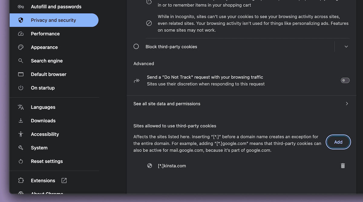 De pagina met privacy- en beveiligingsinstellingen van Chrome, met cookie-instellingen en uitzonderingen voor websites.
