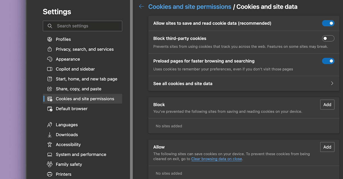 Instellingen cookies binnen Microsoft Edge.