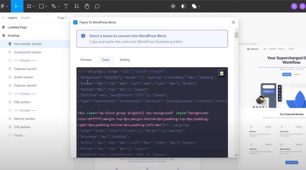 Gerando código no Figma para o plugin WordPress Block