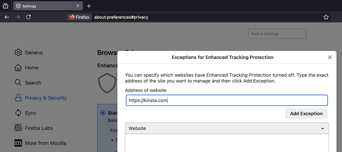 Firefox-venster voor het beheren van uitzonderingen voor verbeterde trackingbeveiliging.
