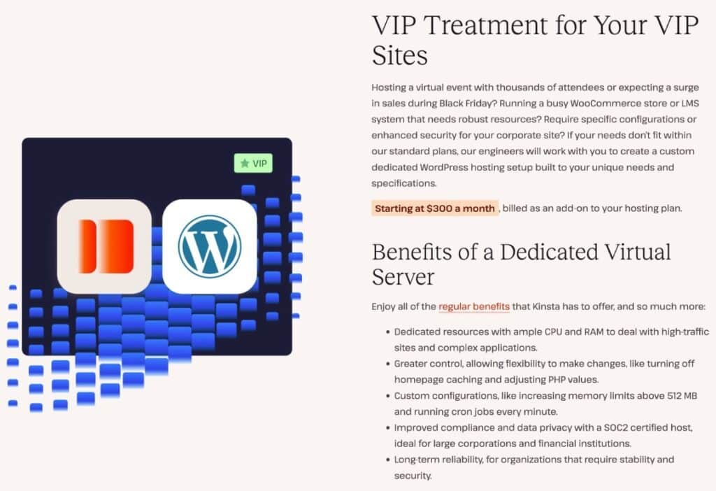 Una pagina che spiega alcuni dei vantaggi dell'utilizzo dell'hosting WordPress dedicato di Kinsta.
