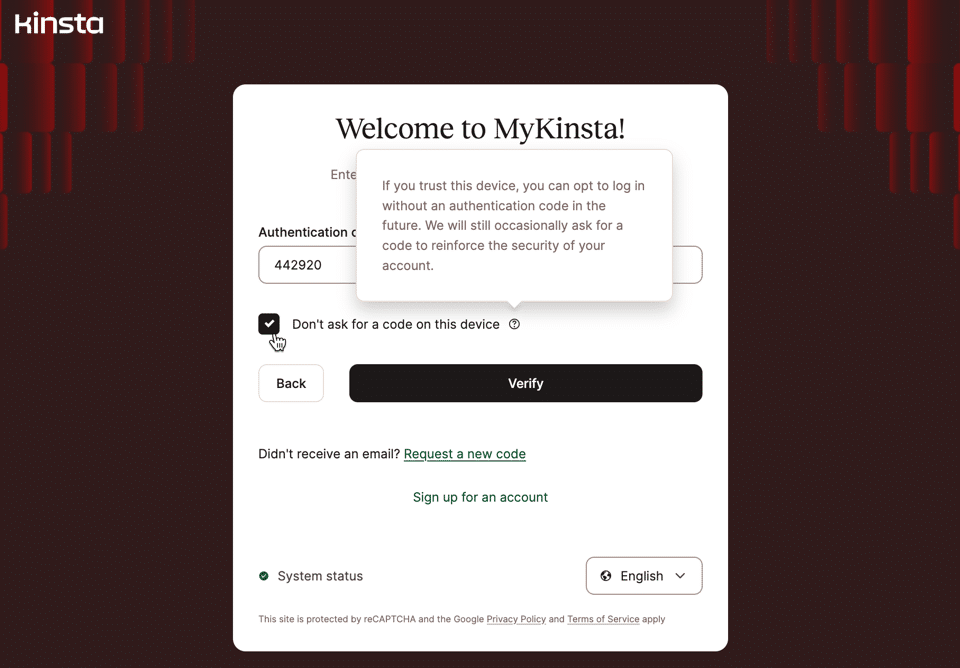 Captura de pantalla del cuadro de diálogo de inicio de sesión de MyKinsta con la opción para reducir las solicitudes de 2FA seleccionada.