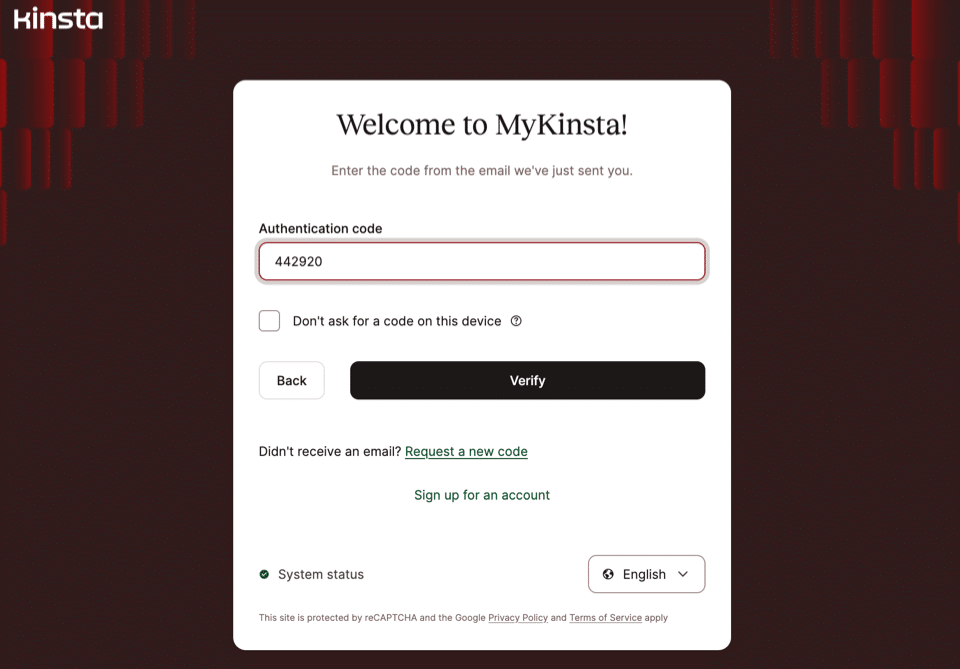 Captura de pantalla de un inicio de sesión en MyKinsta con un código de confirmación 2FA.