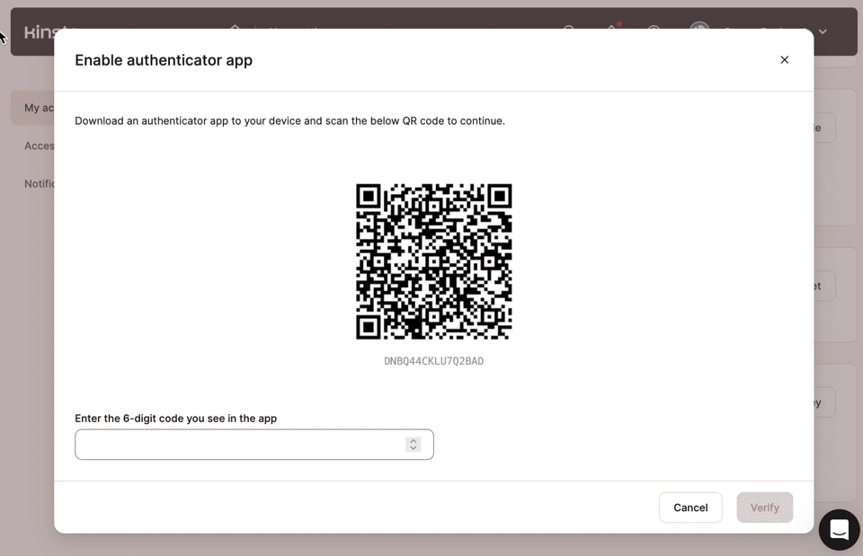 Captura de pantalla que muestra un código QR utilizado para conectar MyKista a una aplicación de autenticación para la autenticación de dos factores (2FA).
