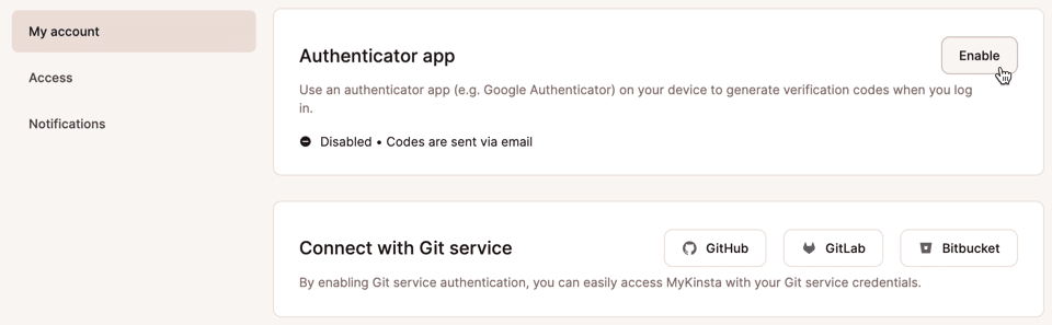 Captura de pantalla de la página Mi cuenta en MyKinsta, donde se puede habilitar una aplicación de autenticación.