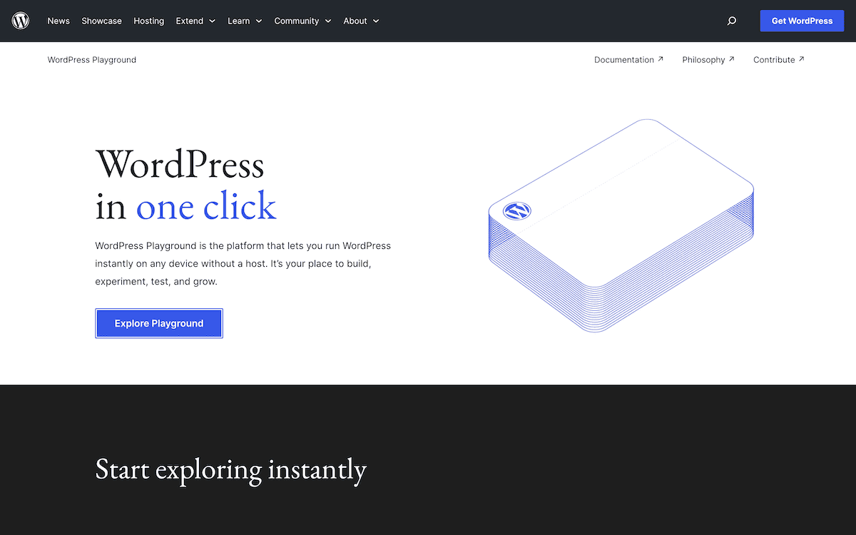 A screenshot of the WordPress Playground website home page.