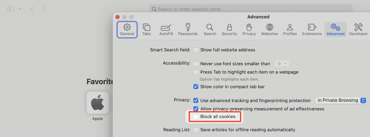 De geavanceerde instellingen van Safari met privacy- en cookie-opties.