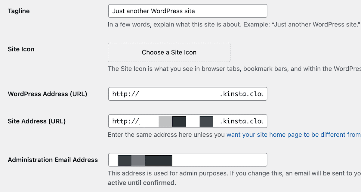 De pagina Algemene instellingen van WordPress met de velden Site-URL en WordPress-adres.