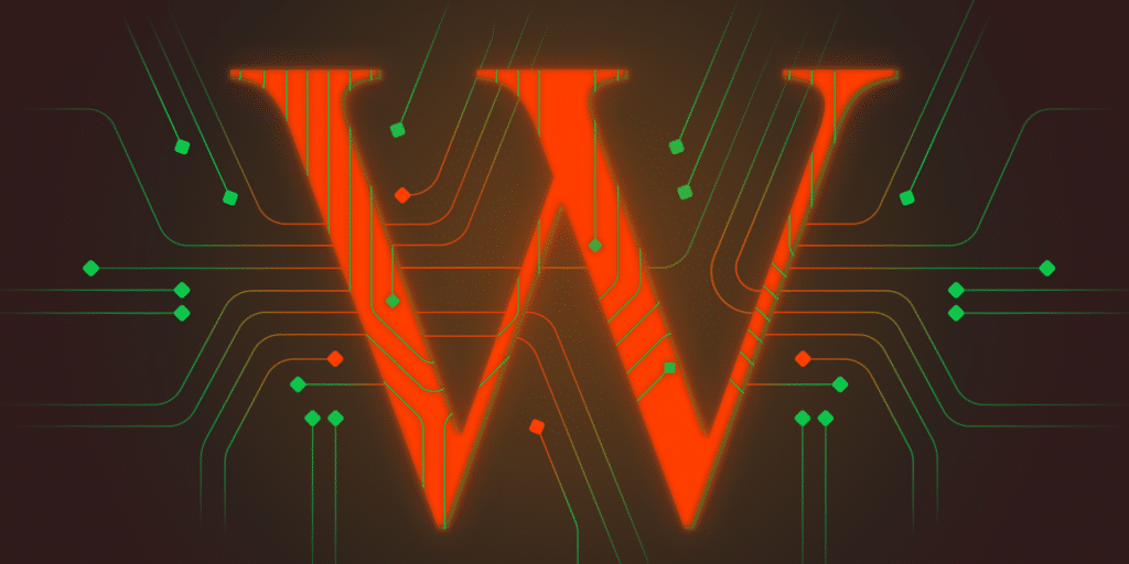An illustration featuring the letter 'W' that is found in the official WordPress logo.