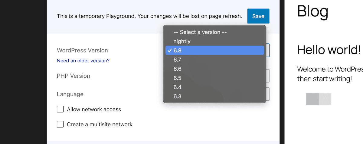 The WordPress version selector drop-down menu in WordPress Playground