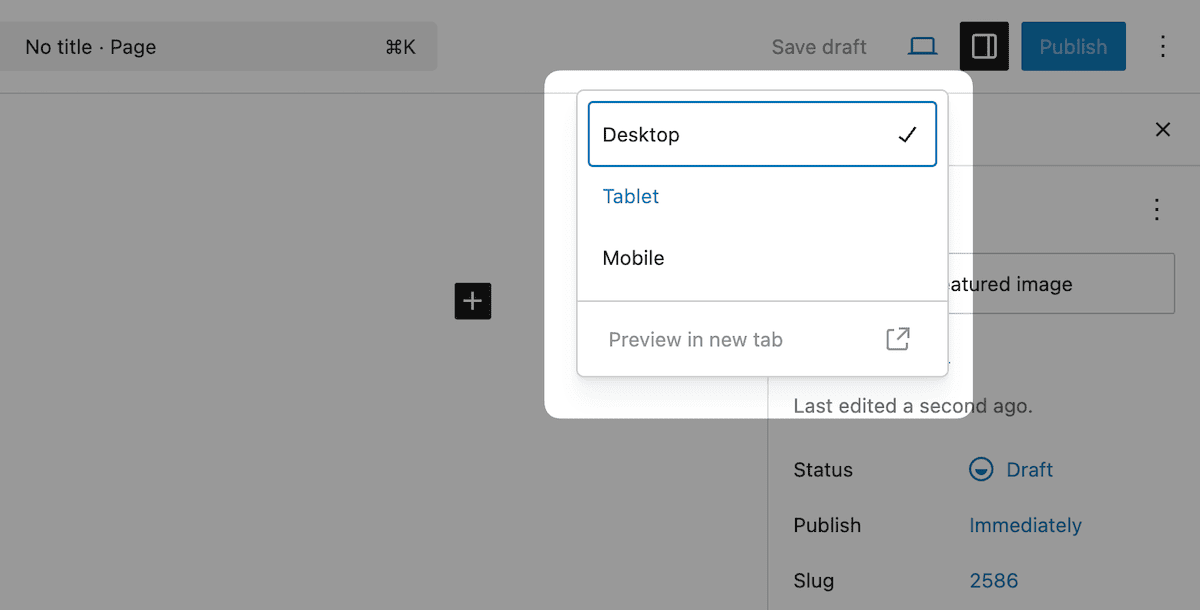 L'interfaccia dell'editor di blocchi di WordPress all'interno di un layout di pagina vuoto, che mostra il menu a discesa per la scelta della finestra di visualizzazione: Desktop, Tablet o Mobile.