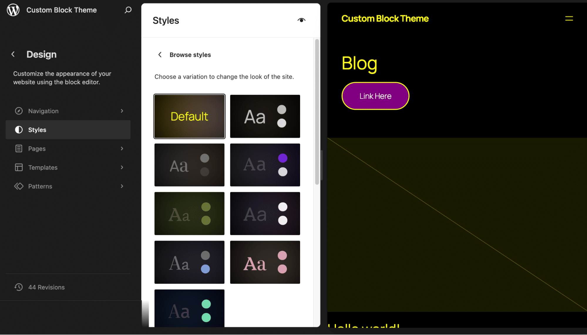 Child-Theme mit der Standard-Stilvariante im Site-Editor.