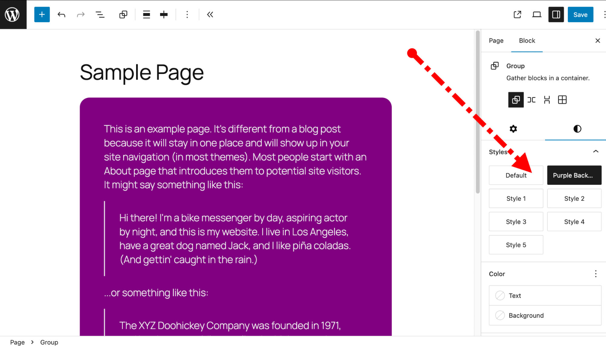 Gruppenblock mit einer benutzerdefinierten Stilvariation im Site Editor