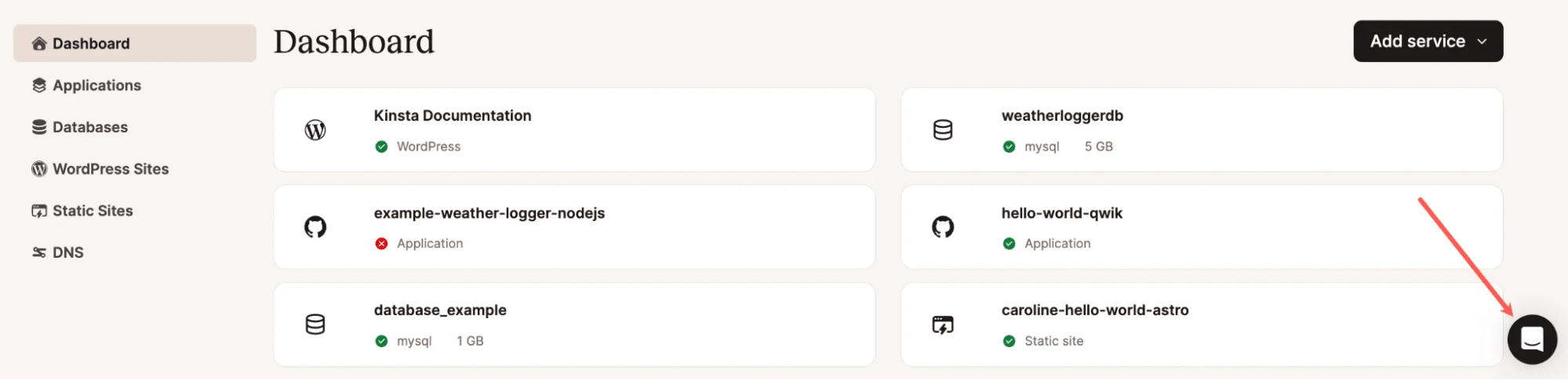 MyKinsta dashboard displaying the support interface and chat access panel.